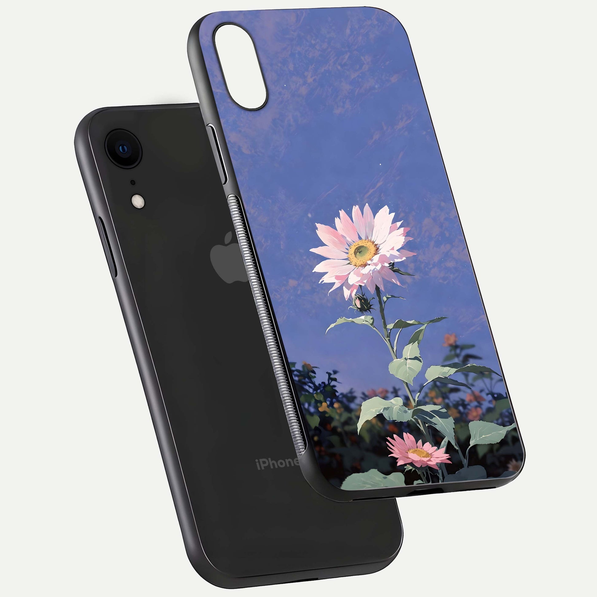 Pink Sunflower Glow Glass Case for iPhone Xr floating dual-view mockup showing gloss reflection and design depth