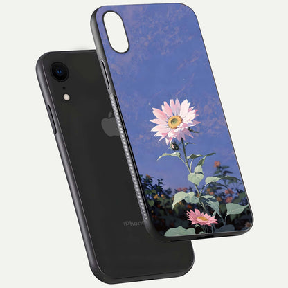 Pink Sunflower Glow Glass Case for iPhone Xr floating dual-view mockup showing gloss reflection and design depth