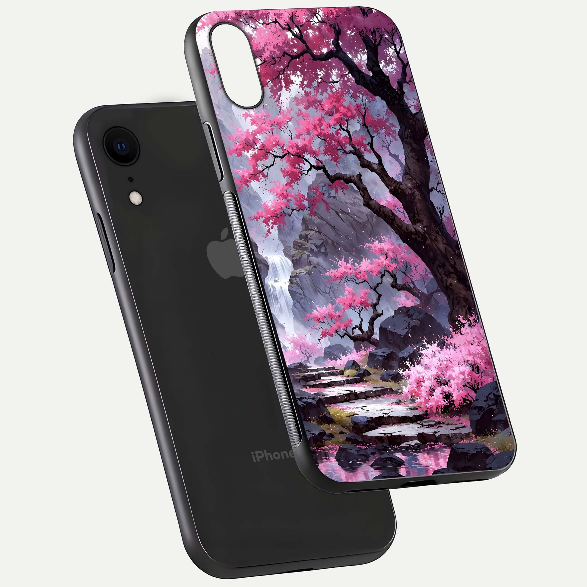 Pinkish Scenery Glass Case for iPhone Xr floating dual-view mockup displaying gloss shine and artistic tone