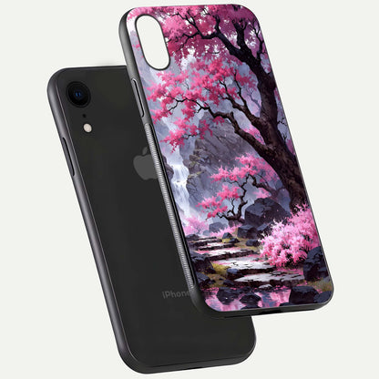 Pinkish Scenery Glass Case for iPhone Xr floating dual-view mockup displaying gloss shine and artistic tone