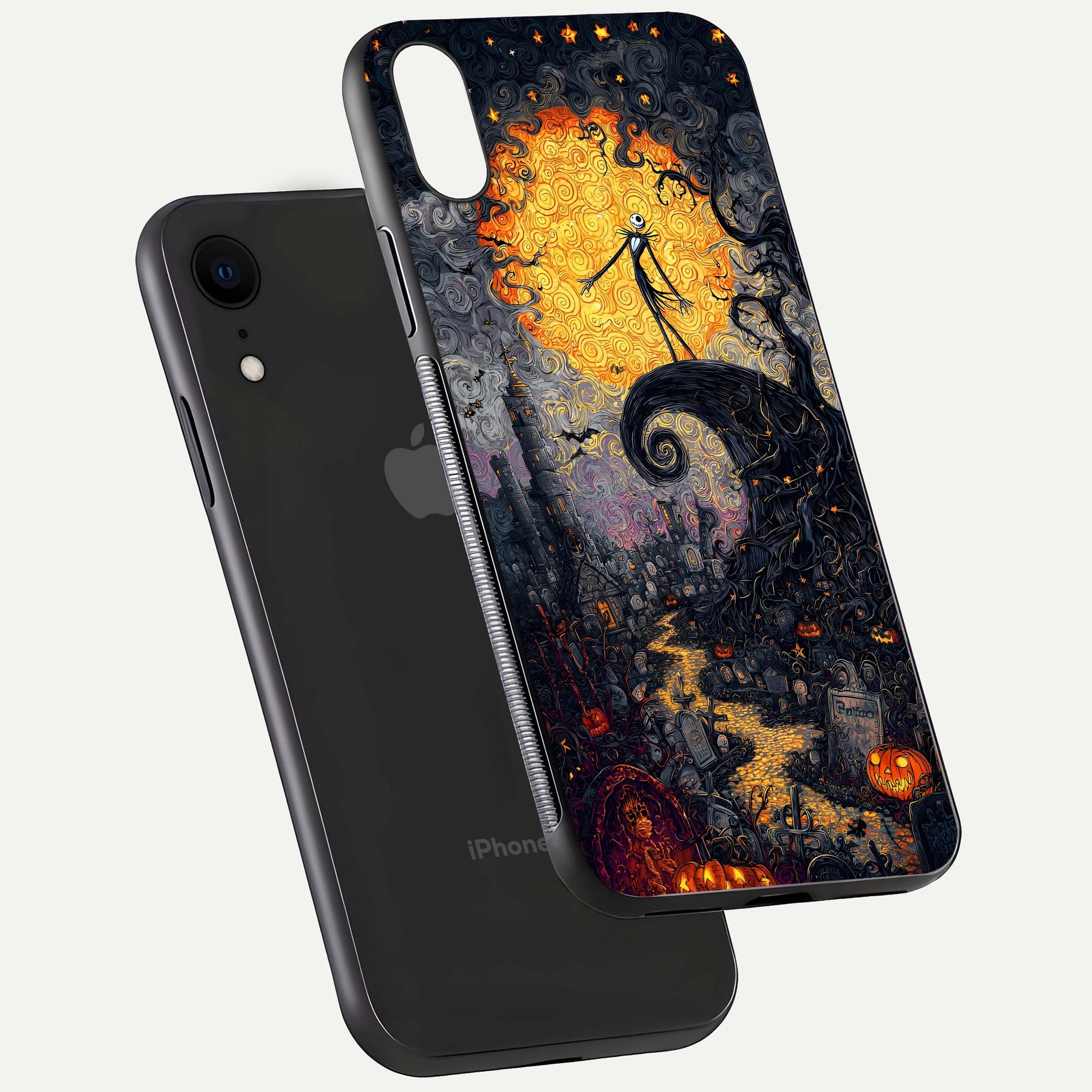 Pumpkin Moon Night Glass Case for iPhone Xr floating dual-view mockup showing HD gloss and spooky detail
