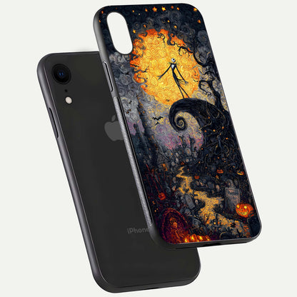 Pumpkin Moon Night Glass Case for iPhone Xr floating dual-view mockup showing HD gloss and spooky detail