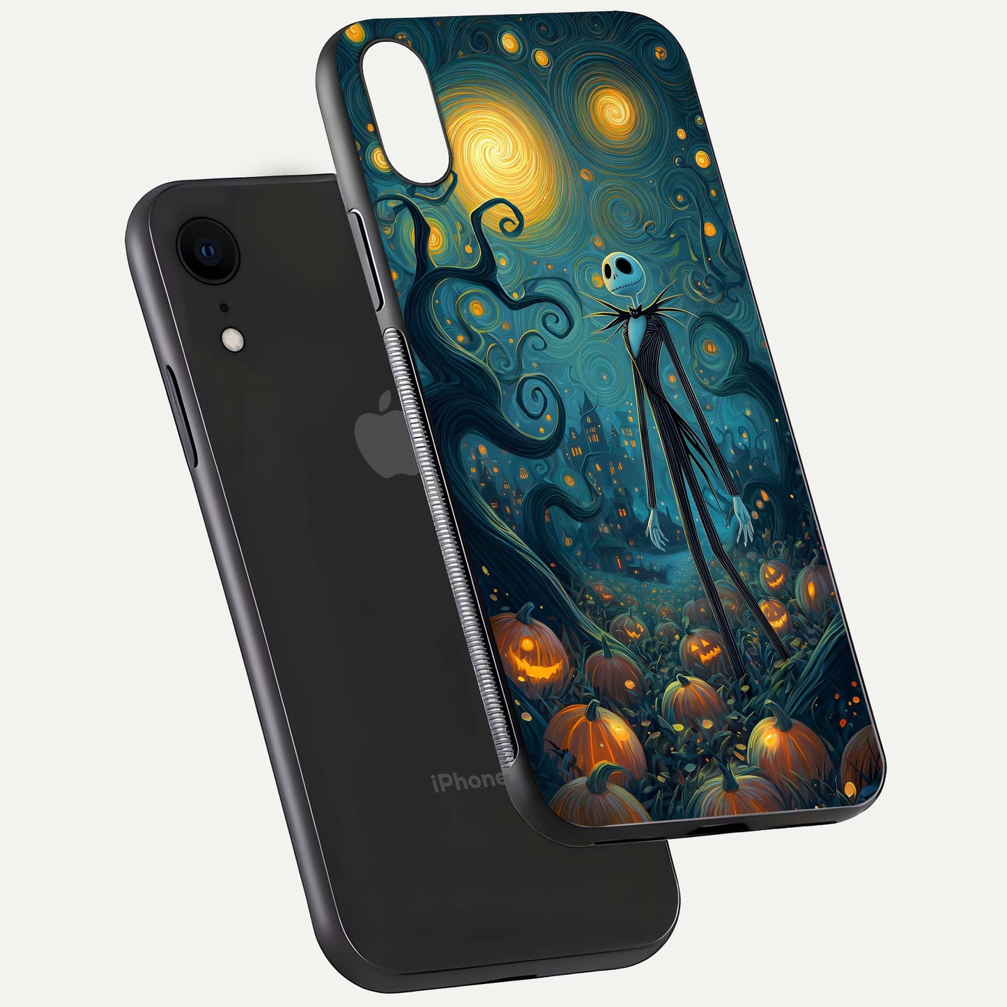 Pumpkin Moonlight Tale Glass Case for iPhone Xr floating dual-view mockup showing HD gloss and eerie design
