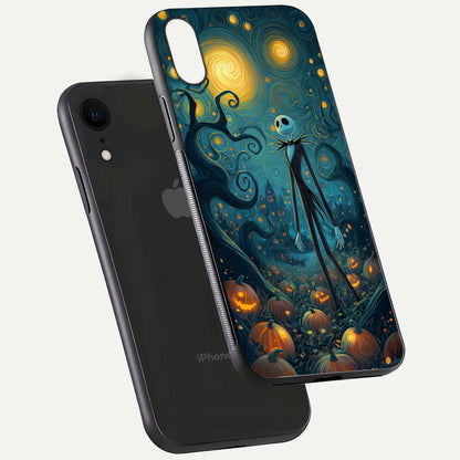 Pumpkin Moonlight Tale Glass Case for iPhone Xr floating dual-view mockup showing HD gloss and eerie design