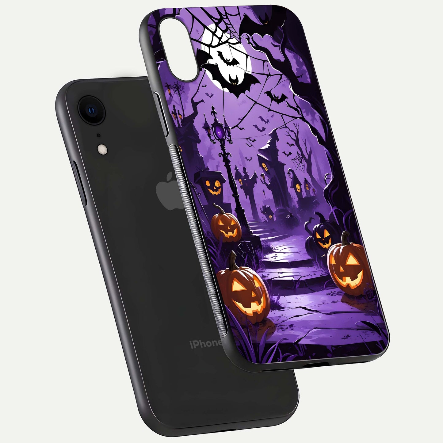 Pumpkin Patch Halloween Glass Case for iPhone Xr floating dual-view mockup displaying gloss and dark tone