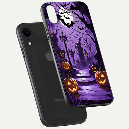 Pumpkin Patch Halloween Glass Case for iPhone Xr floating dual-view mockup displaying gloss and dark tone