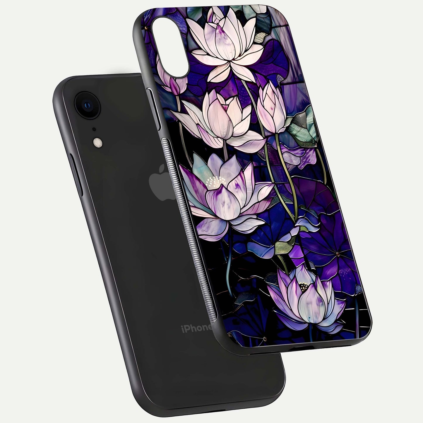 Purple Lotus Pattern Glass Case for iPhone Xr floating dual-view mockup showing glass shine and vivid purple hue