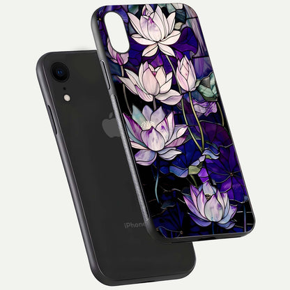 Purple Lotus Pattern Glass Case for iPhone Xr floating dual-view mockup showing glass shine and vivid purple hue