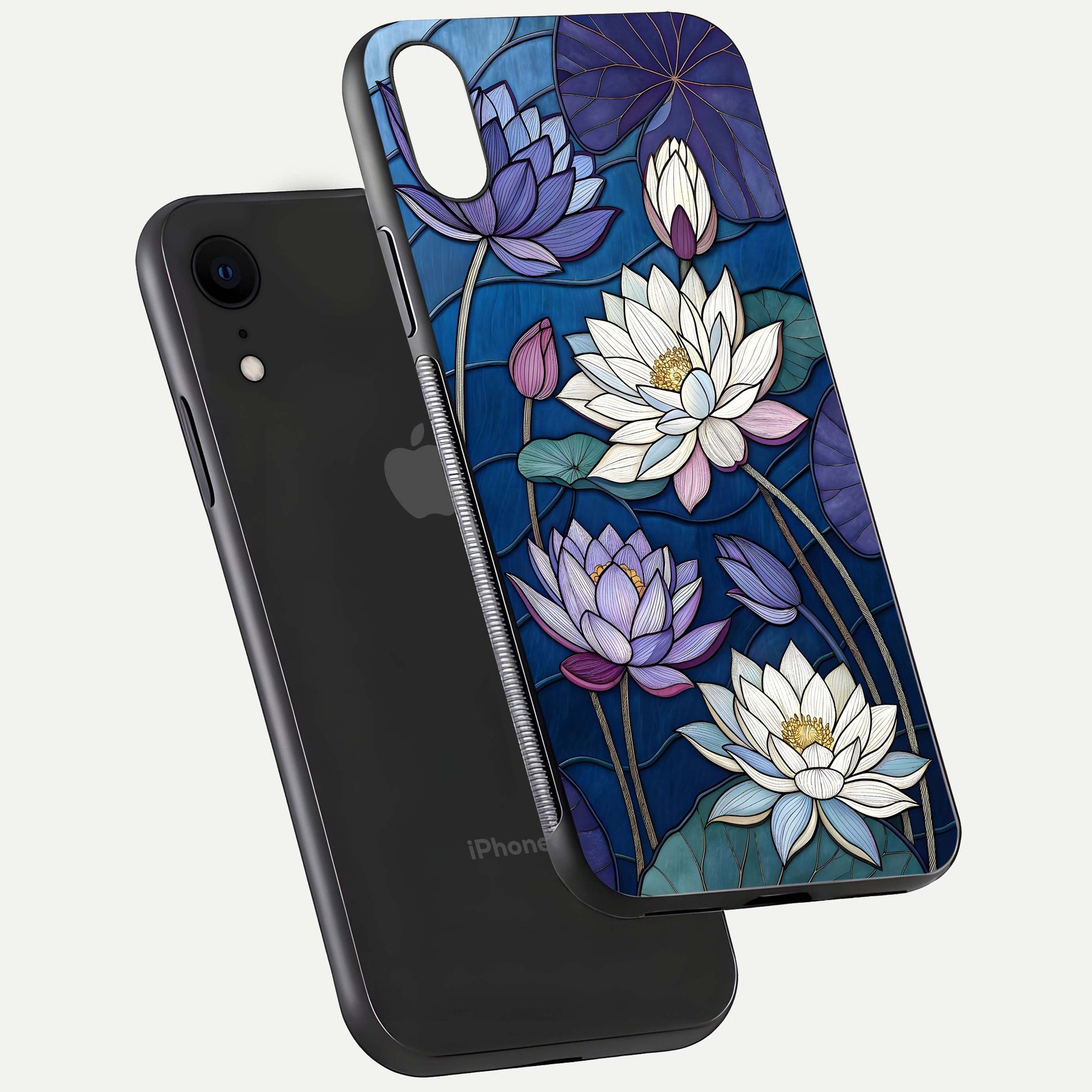 Purple Lotus Stained Glass Case for iPhone Xr floating dual-view mockup displaying color depth and glass clarity