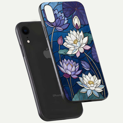 Purple Lotus Stained Glass Case for iPhone Xr floating dual-view mockup displaying color depth and glass clarity