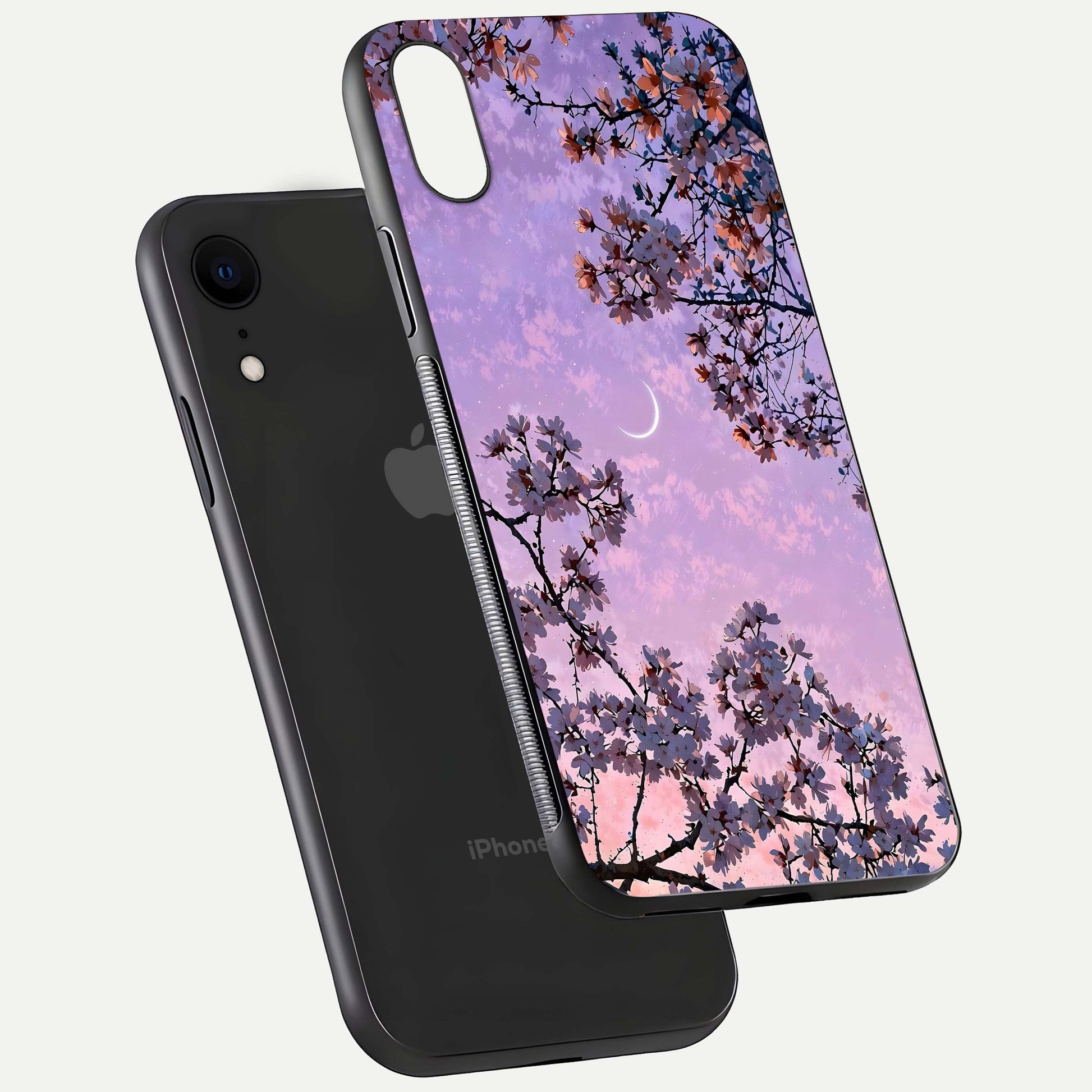 Purple Serenity Moon Glass Case for iPhone Xr floating dual-view mockup showing gloss and cosmic detail