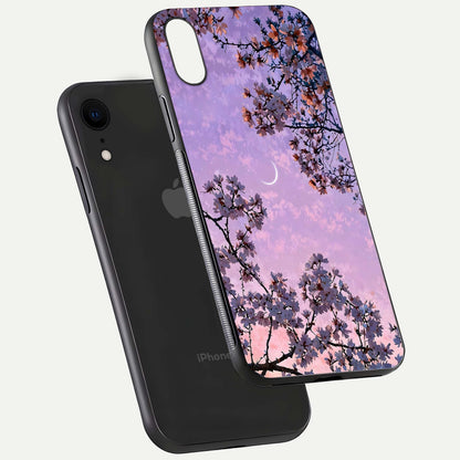 Purple Serenity Moon Glass Case for iPhone Xr floating dual-view mockup showing gloss and cosmic detail