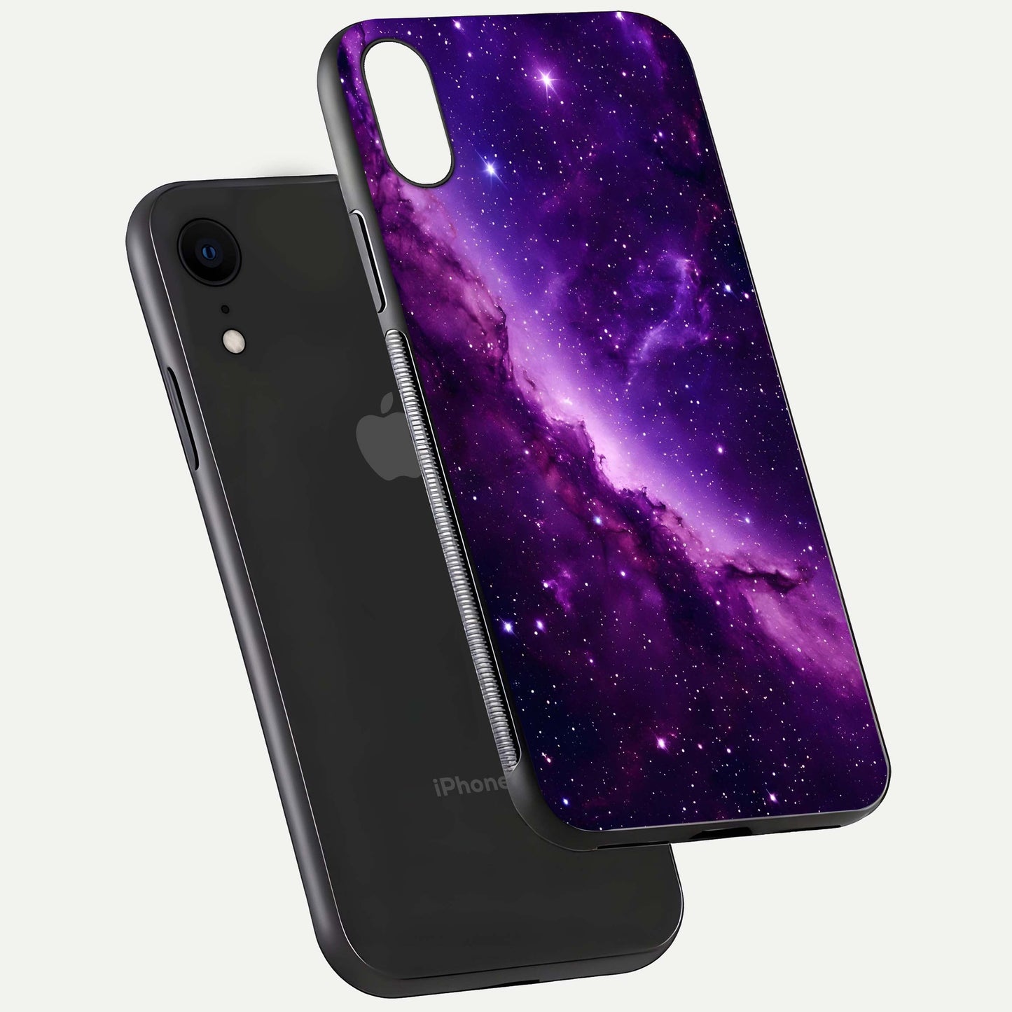 Purple Shade Sky Glass Case for iPhone Xr floating dual-view mockup displaying gloss and sky theme