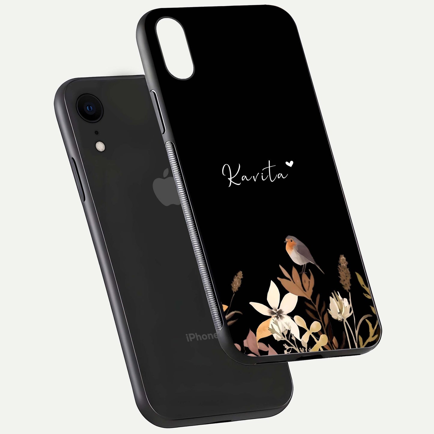 Quiet Garden Tune Custom Name Glass Case for iPhone Xr floating dual-view mockup showing gloss and elegant detail