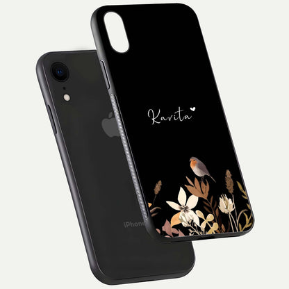 Quiet Garden Tune Custom Name Glass Case for iPhone Xr floating dual-view mockup showing gloss and elegant detail