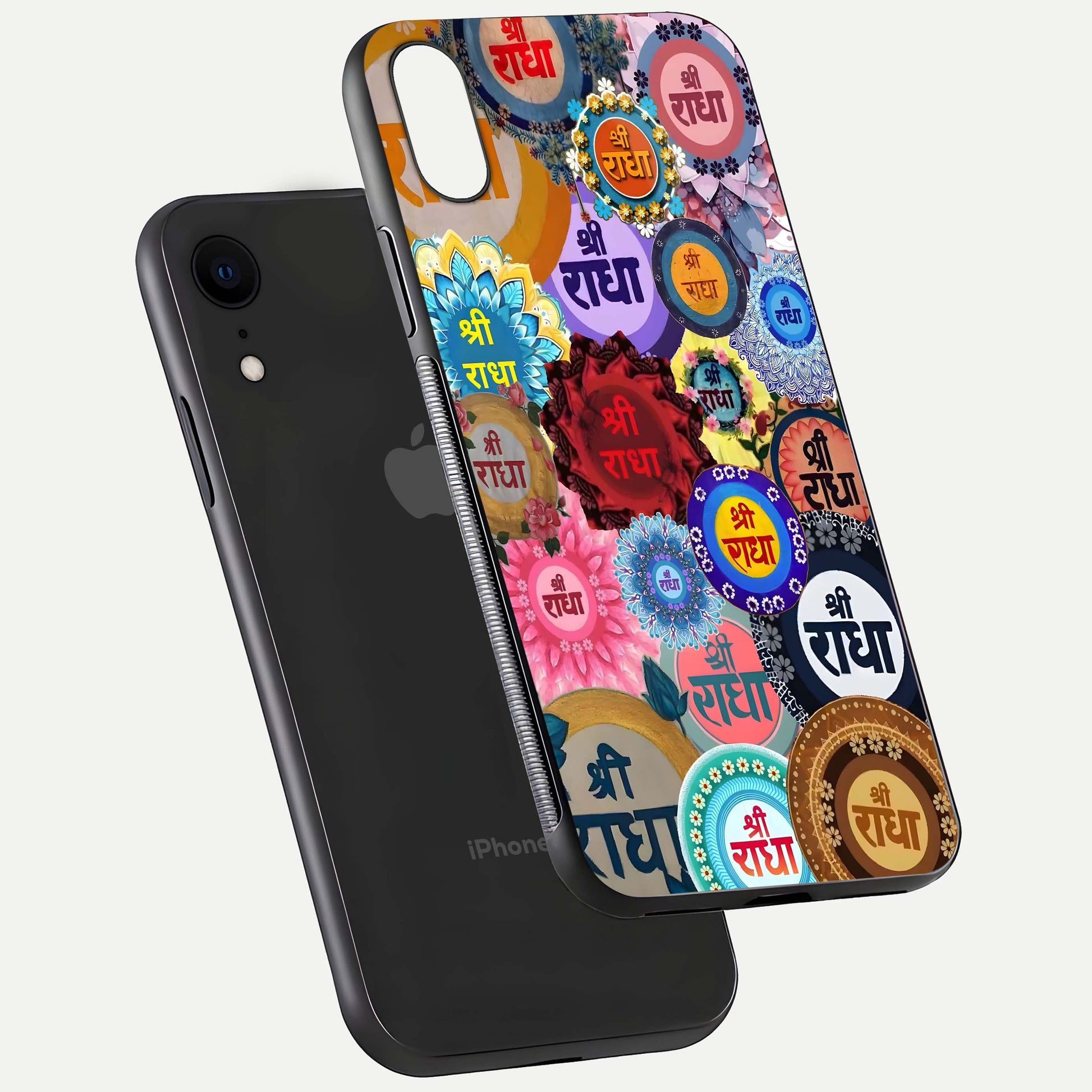 Radha Divine Bloom Glass Case for iPhone Xr floating dual-view mockup showing gloss depth and HD art