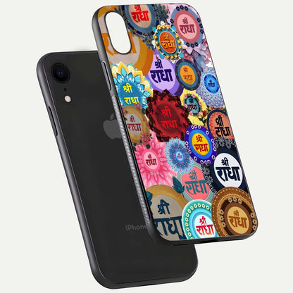 Radha Divine Bloom Glass Case for iPhone Xr floating dual-view mockup showing gloss depth and HD art