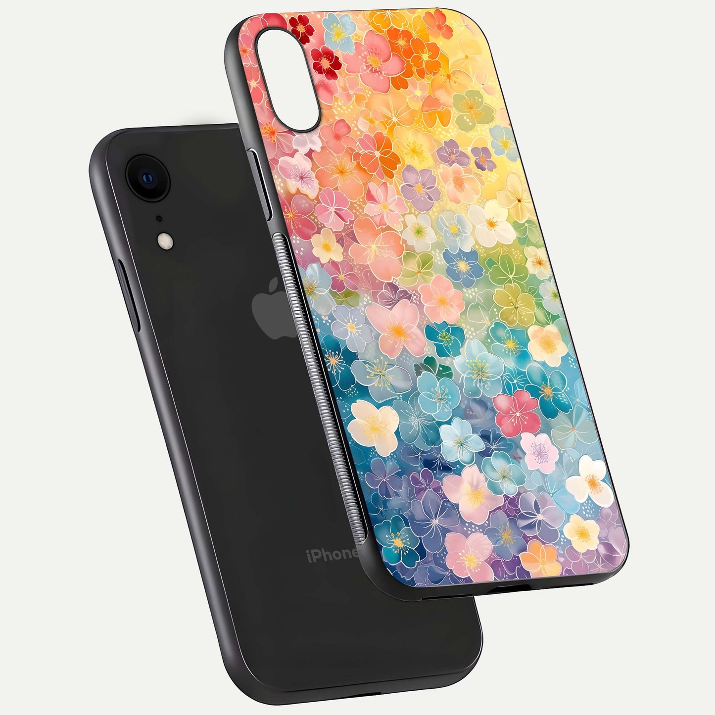Rainbow Blossom Burst Glass Case for iPhone Xr floating dual-view mockup displaying gloss and gradient pattern