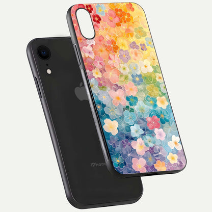 Rainbow Blossom Burst Glass Case for iPhone Xr floating dual-view mockup displaying gloss and gradient pattern
