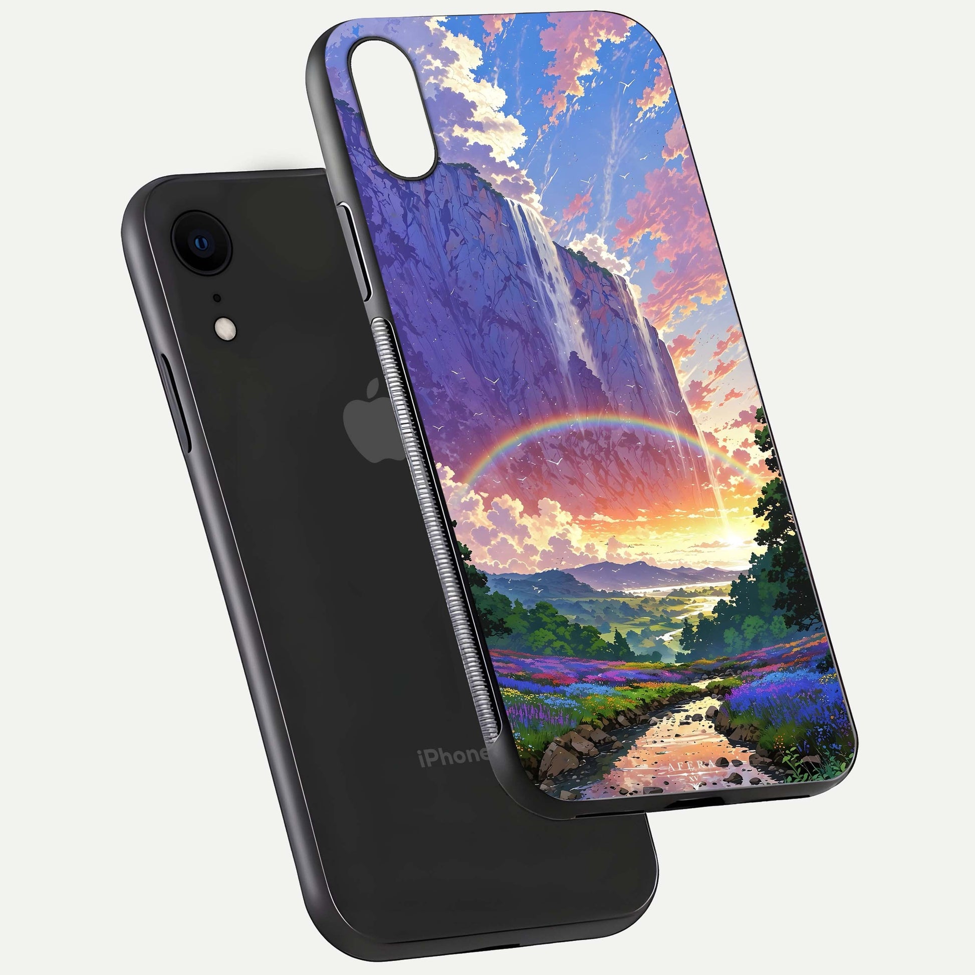 Rainbow Valley Dream Glass Case for iPhone 16 Pro floating dual-view mockup showing gloss texture and dream vibe