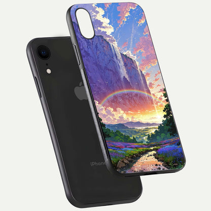 Rainbow Valley Dream Glass Case for iPhone 16 Pro floating dual-view mockup showing gloss texture and dream vibe