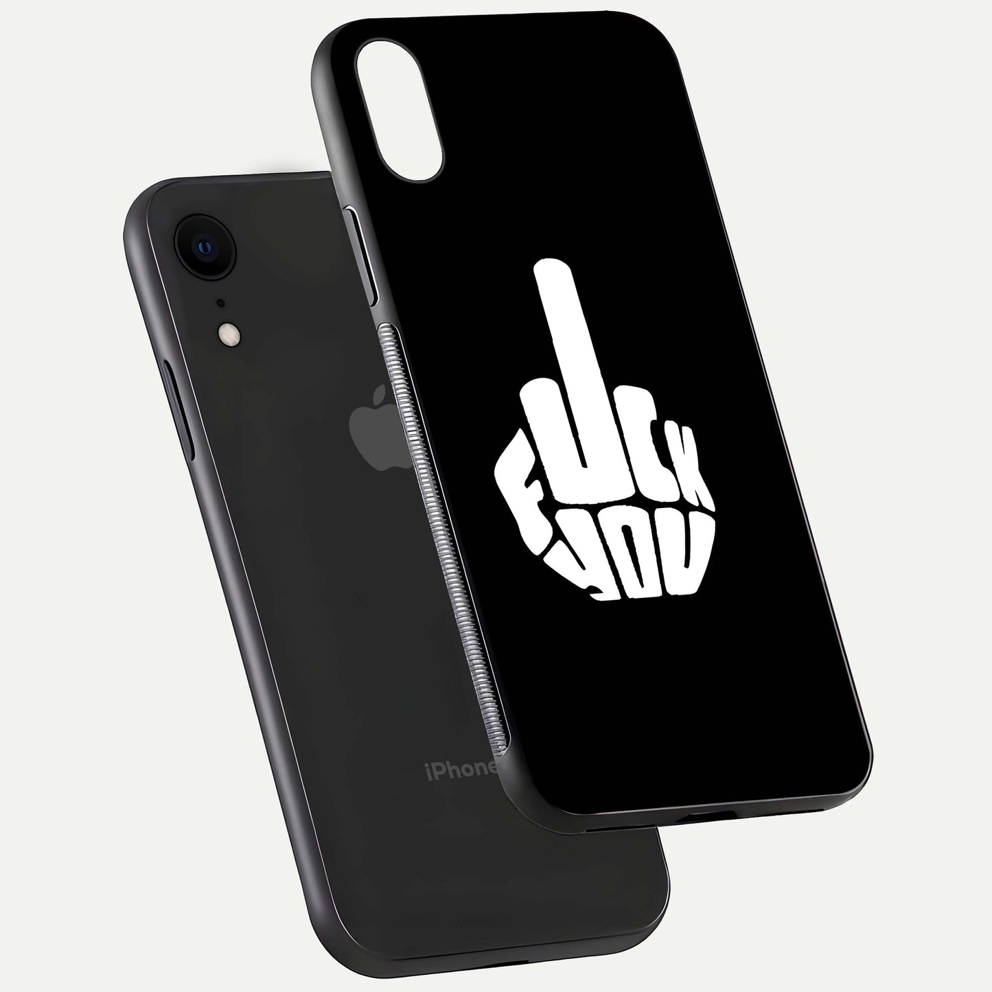 Rebel Mode On Glass Case for iPhone Xr floating dual-view mockup displaying gloss shine and statement art