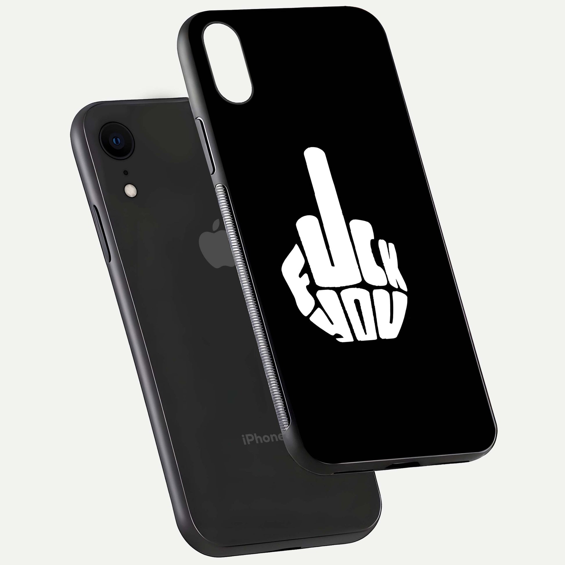 Rebel Mode On Glass Case for iPhone Xr floating dual-view mockup displaying gloss shine and statement art