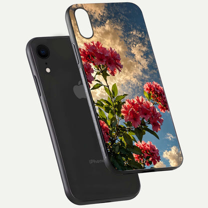 Red Bloom Skies Glass Case for iPhone Xr floating dual-view mockup showing glass gloss and floral pattern