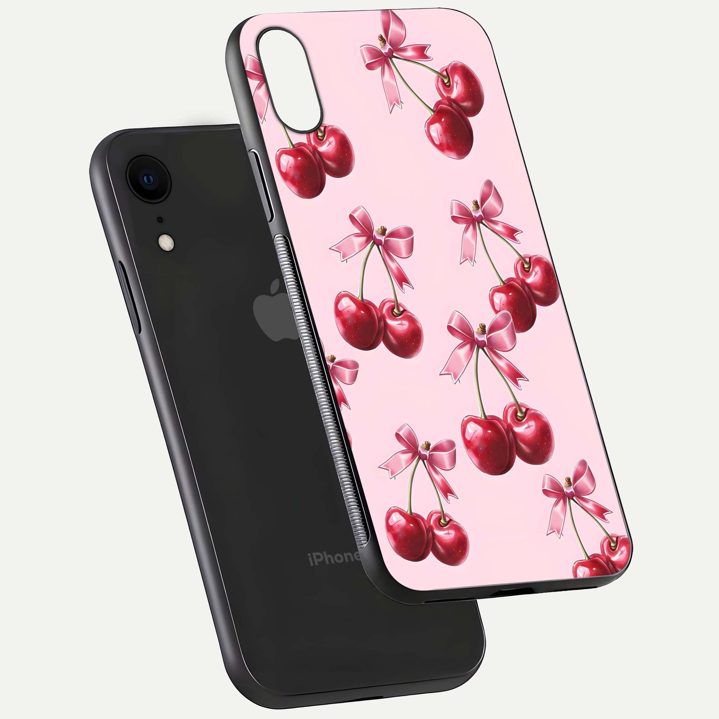 Red Cherries Pattern Glass Case for iPhone Xr floating dual-view mockup showing gloss and color contrast
