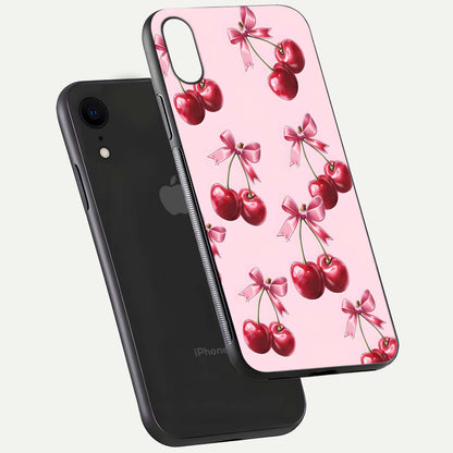 Red Cherries Pattern Glass Case for iPhone Xr floating dual-view mockup showing gloss and color contrast
