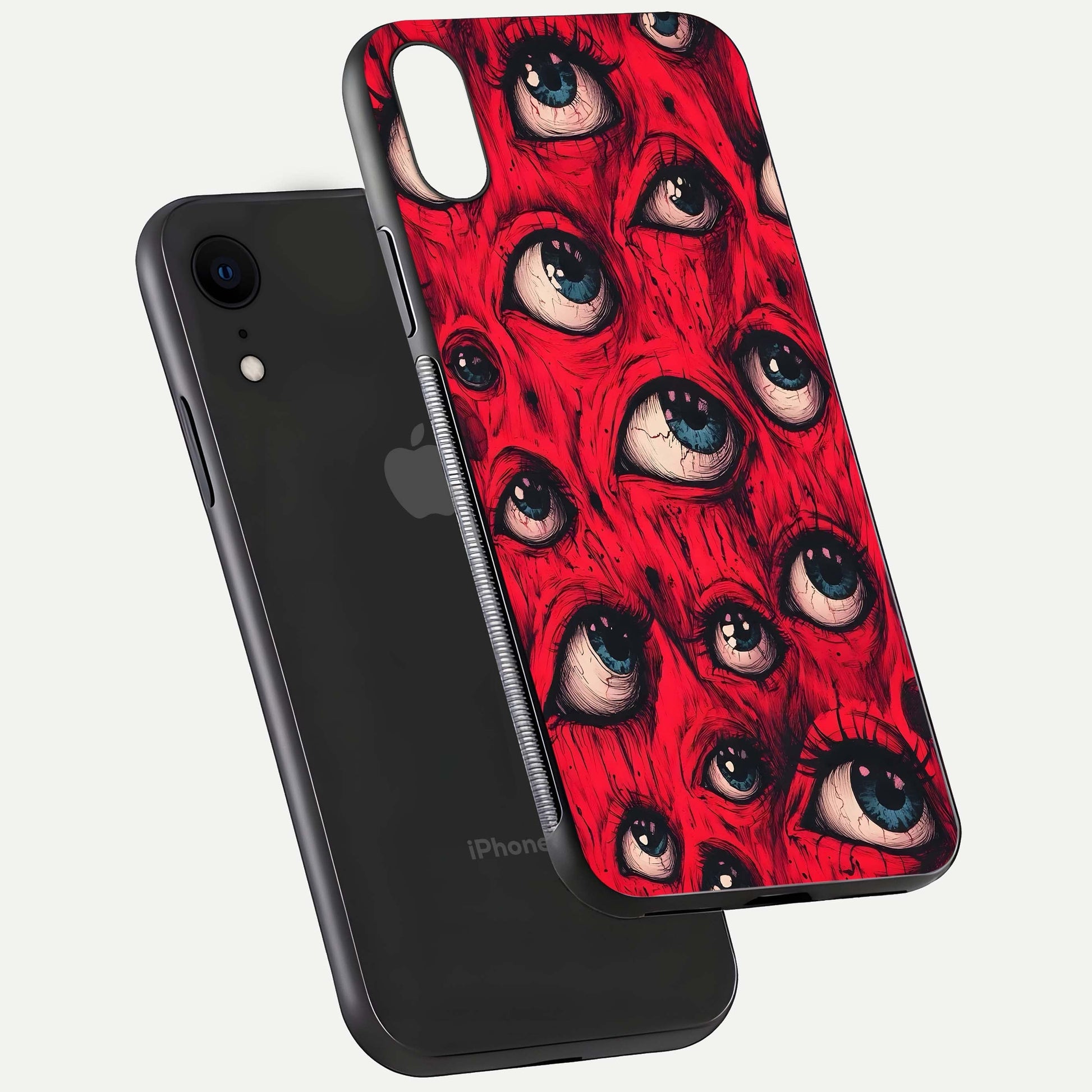 Red Eyes Pattern Glass Case for iPhone Xr floating dual-view mockup displaying reflection and gloss texture
