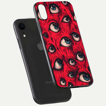 Red Eyes Pattern Glass Case for iPhone Xr floating dual-view mockup displaying reflection and gloss texture