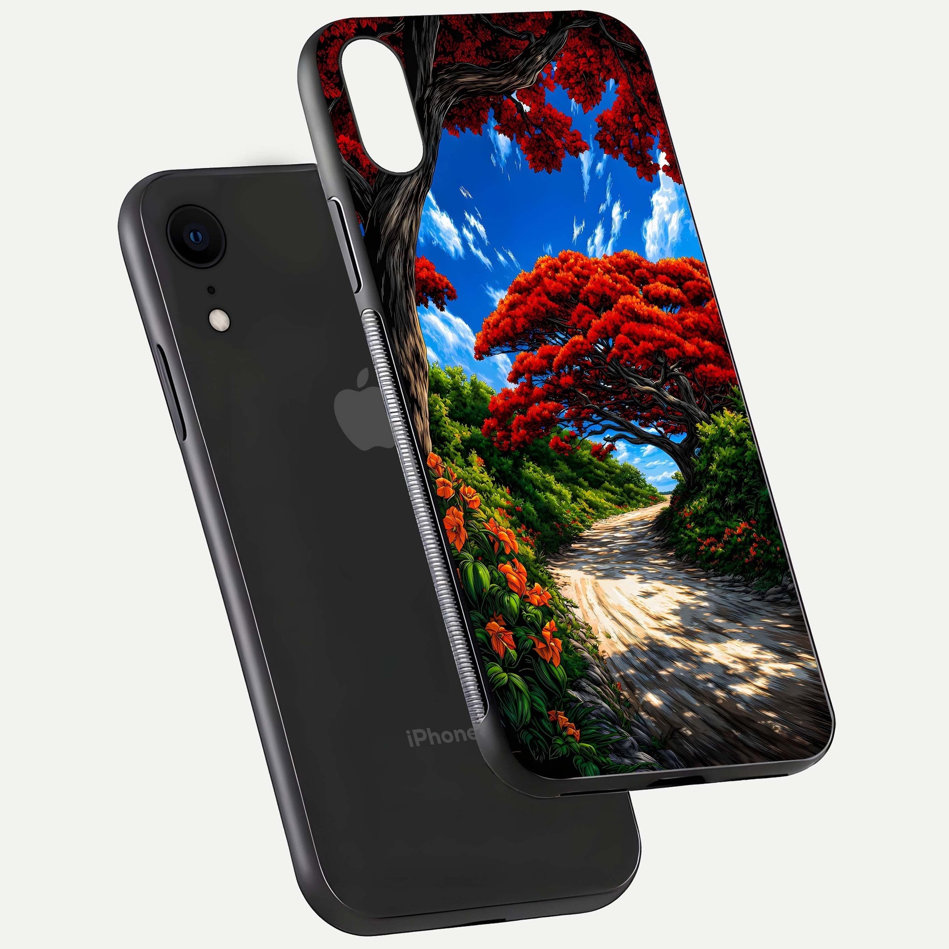Red Trees Pathway Glass Case for iPhone Xr floating dual-view mockup displaying gloss texture and print depth