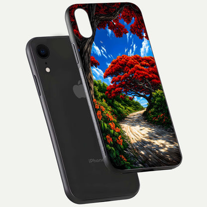 Red Trees Pathway Glass Case for iPhone Xr floating dual-view mockup displaying gloss texture and print depth
