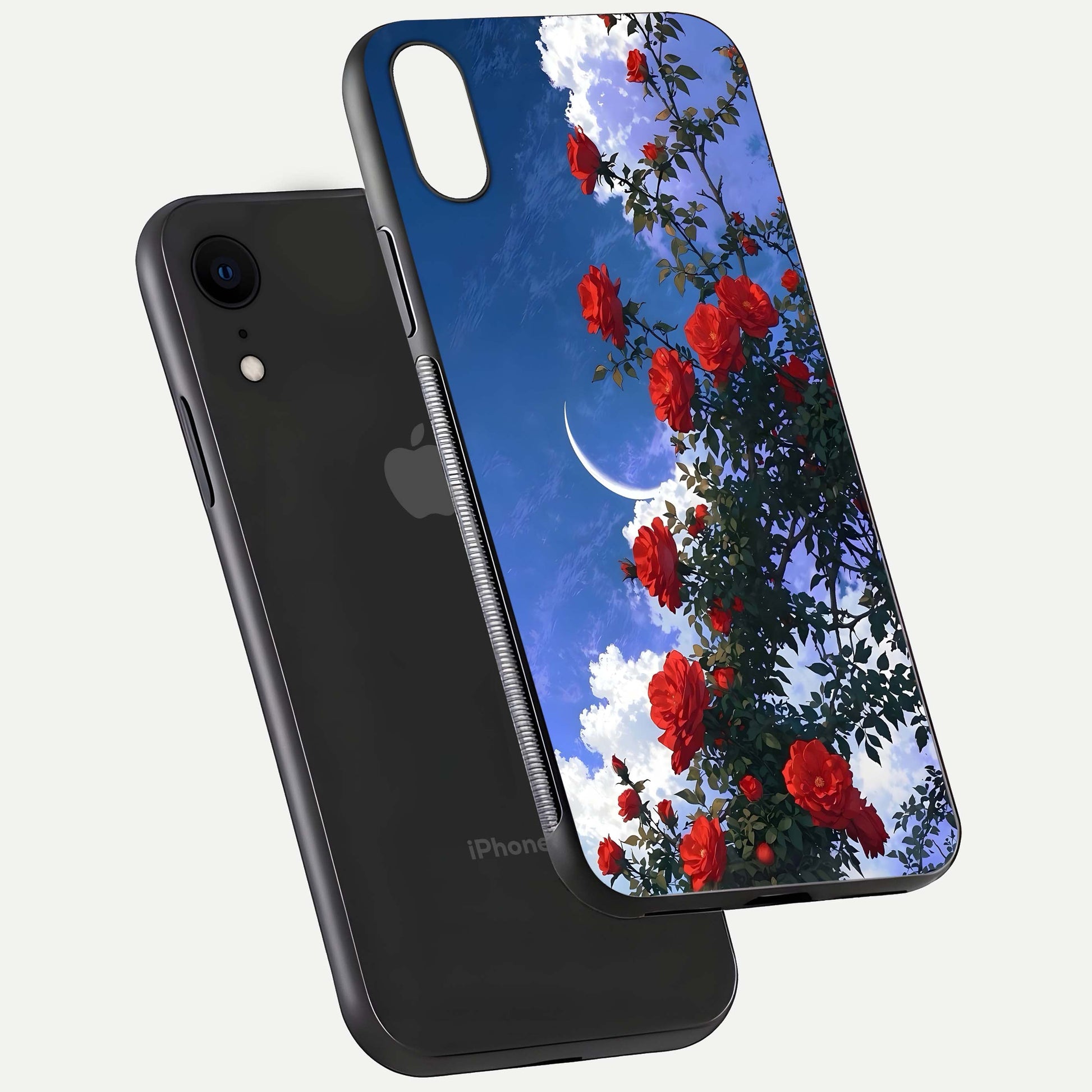 Rose Drift Flowers Glass Case for iPhone Xr floating dual-view mockup showing gloss shine and floral tone