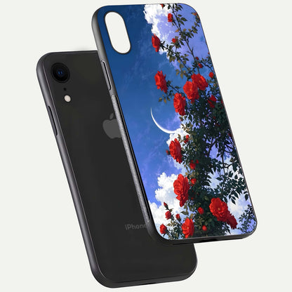 Rose Drift Flowers Glass Case for iPhone Xr floating dual-view mockup showing gloss shine and floral tone