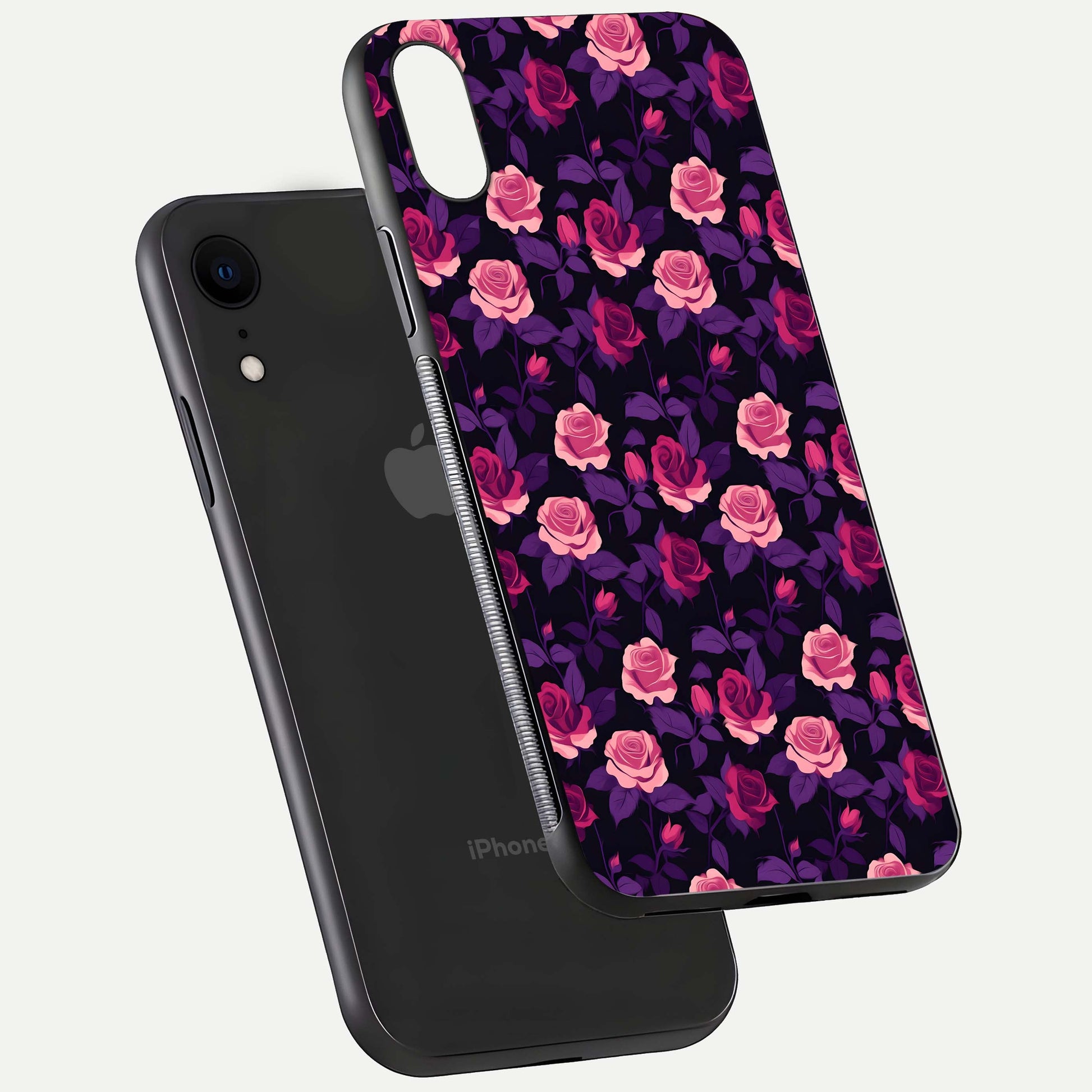Rose Garden Twilight Glass Case for iPhone Xr floating dual-view mockup displaying gloss surface and depth