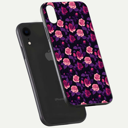 Rose Garden Twilight Glass Case for iPhone Xr floating dual-view mockup displaying gloss surface and depth