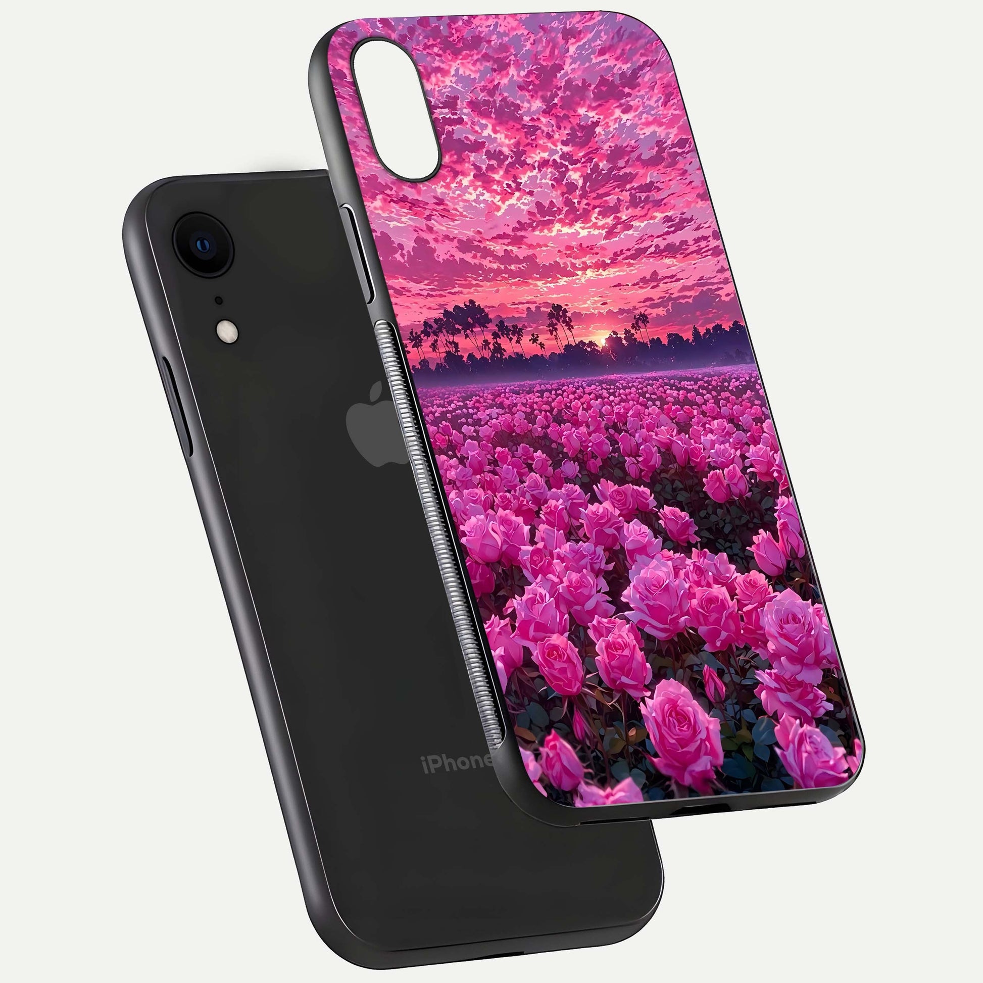 Rose Sunset Valley Glass Case for iPhone Xr floating dual-view mockup showing gloss reflection and art depth