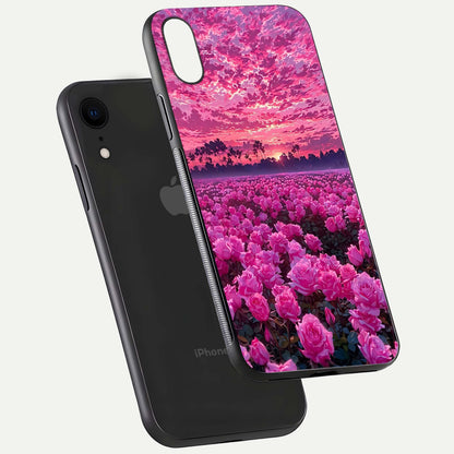 Rose Sunset Valley Glass Case for iPhone Xr floating dual-view mockup showing gloss reflection and art depth