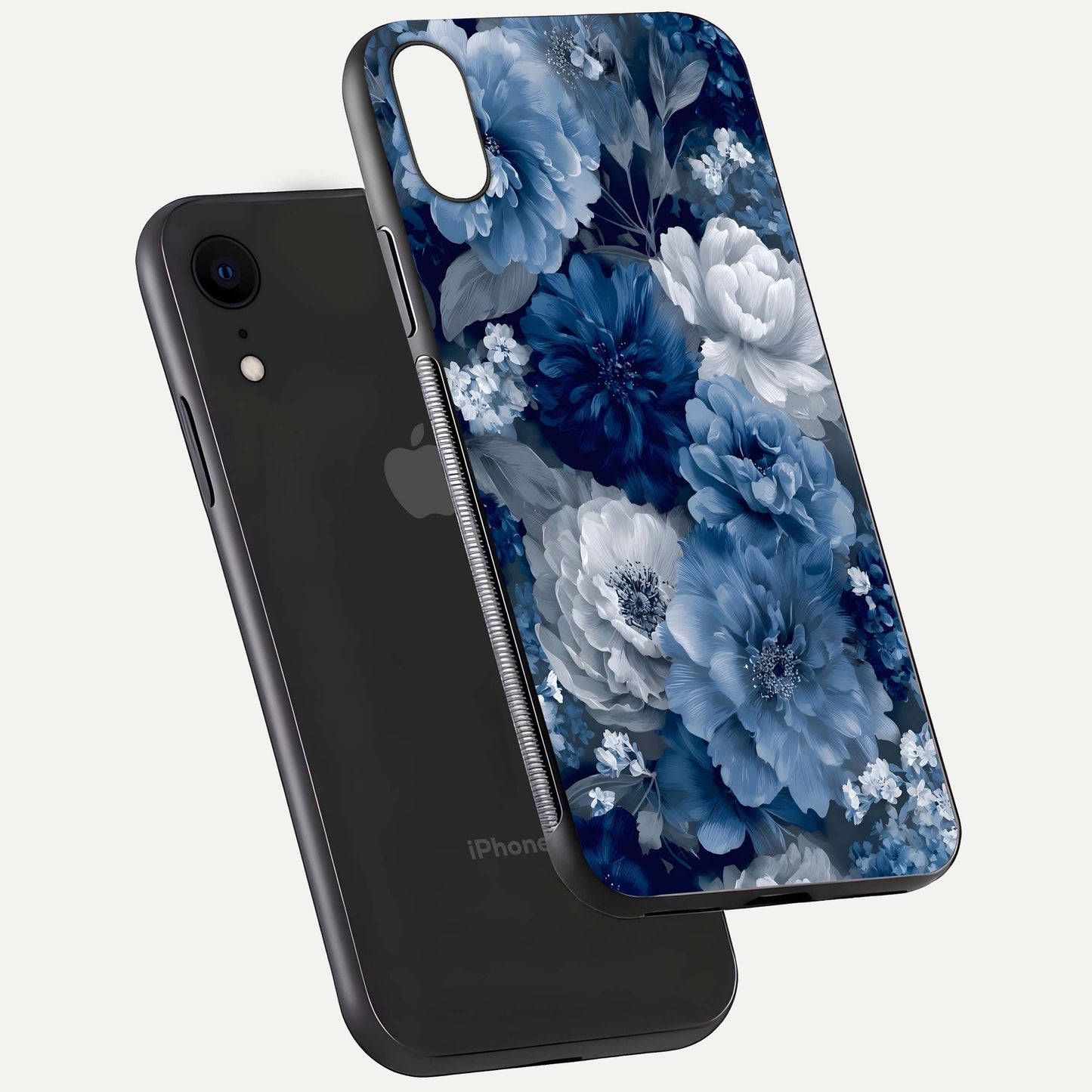 Royal Bloom Garden Glass Case for iPhone Xr floating dual-view mockup displaying gloss and print clarity