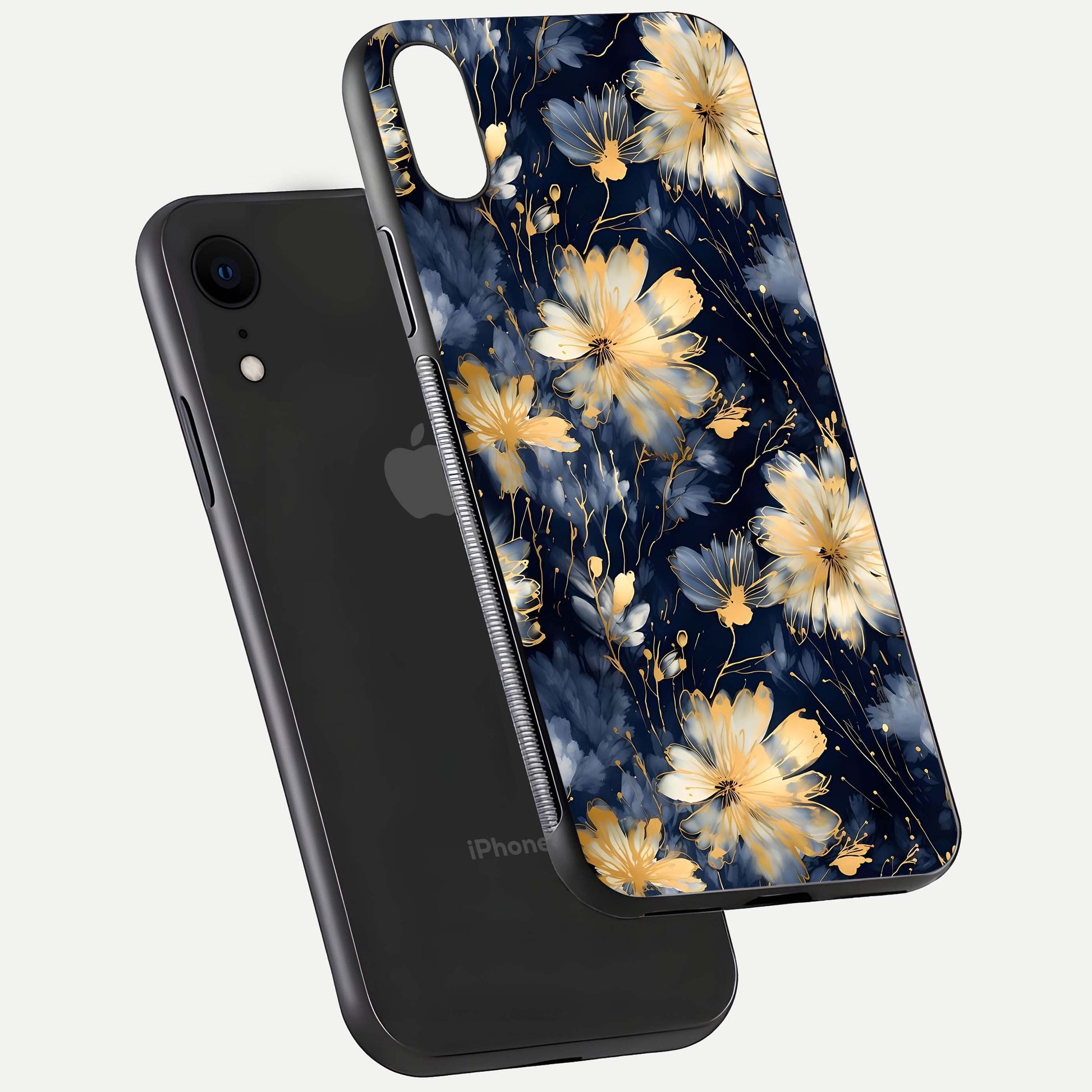 Royal Petal Dream Glass Case for iPhone Xr floating dual-view mockup displaying gloss reflection and tone contrast