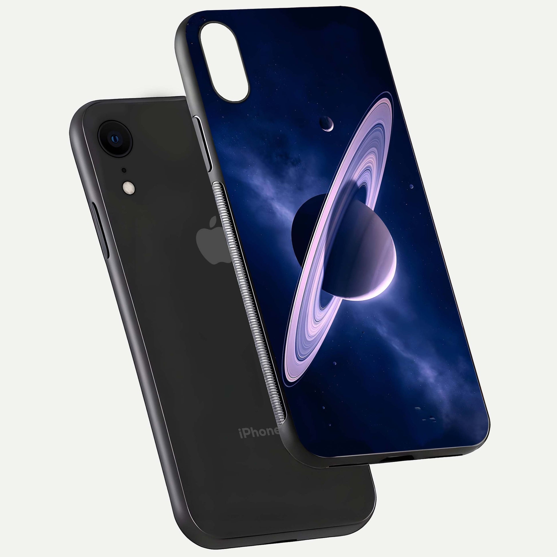 Saturn Ring Mystique Glass Case for iPhone Xr floating dual-view mockup showing gloss finish and star detail