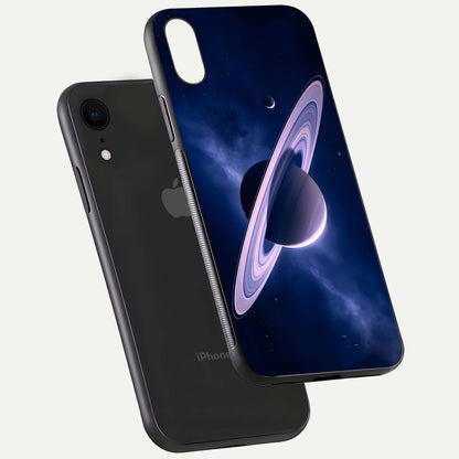 Saturn Ring Mystique Glass Case for iPhone Xr floating dual-view mockup showing gloss finish and star detail
