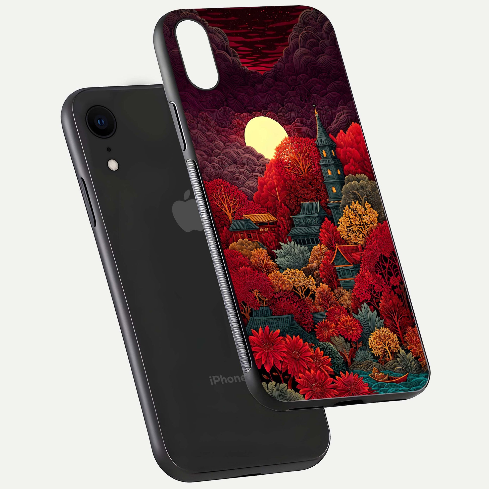 Scarlet Autumn Temple Glass Case for iPhone Xr floating dual-view mockup displaying gloss shine and autumn tones