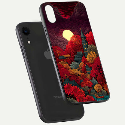 Scarlet Autumn Temple Glass Case for iPhone Xr floating dual-view mockup displaying gloss shine and autumn tones