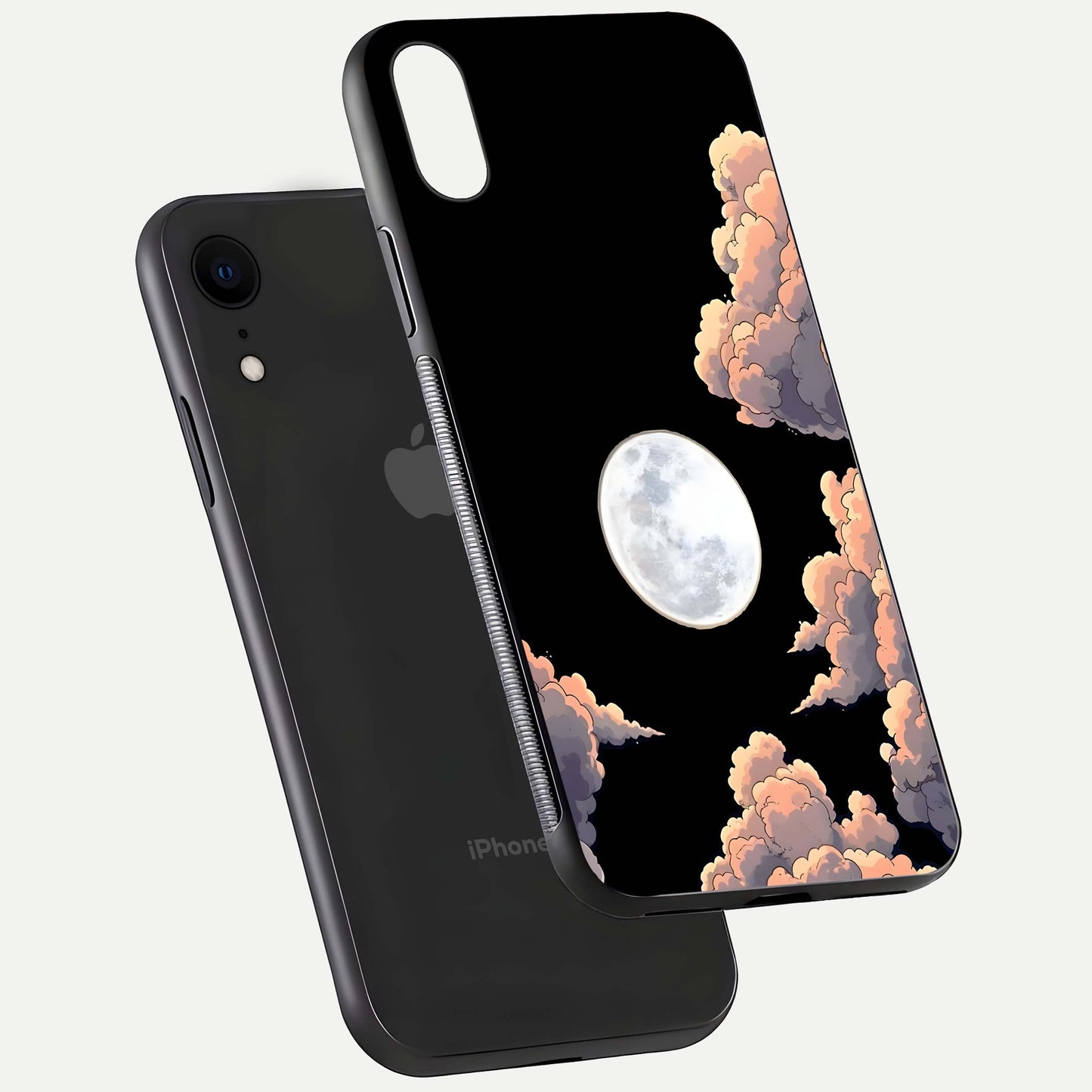 Shade Cloud Moon Glass Case for iPhone Xr floating dual-view mockup showing gloss and celestial texture