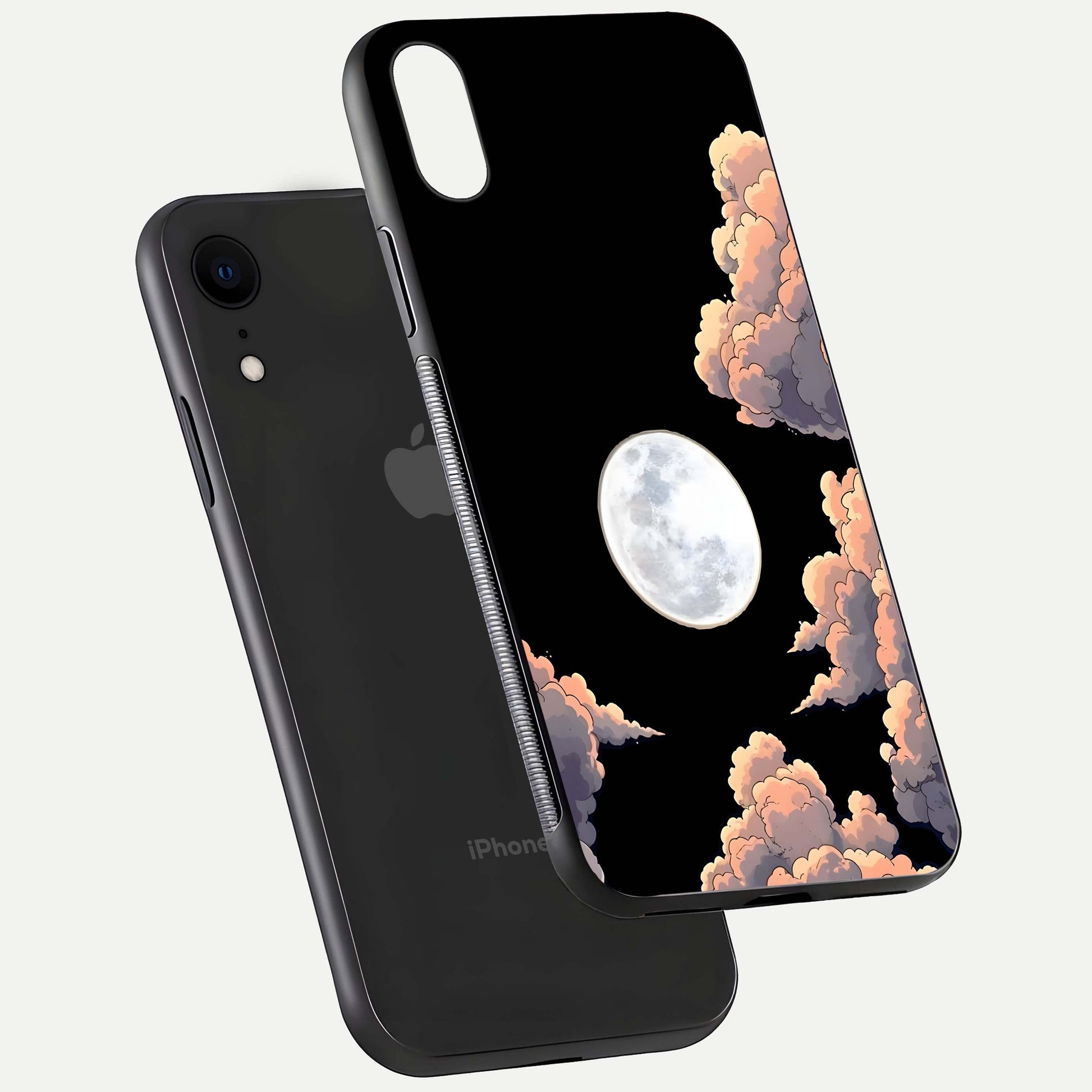 Shade Cloud Moon Glass Case for iPhone Xr floating dual-view mockup showing gloss and celestial texture