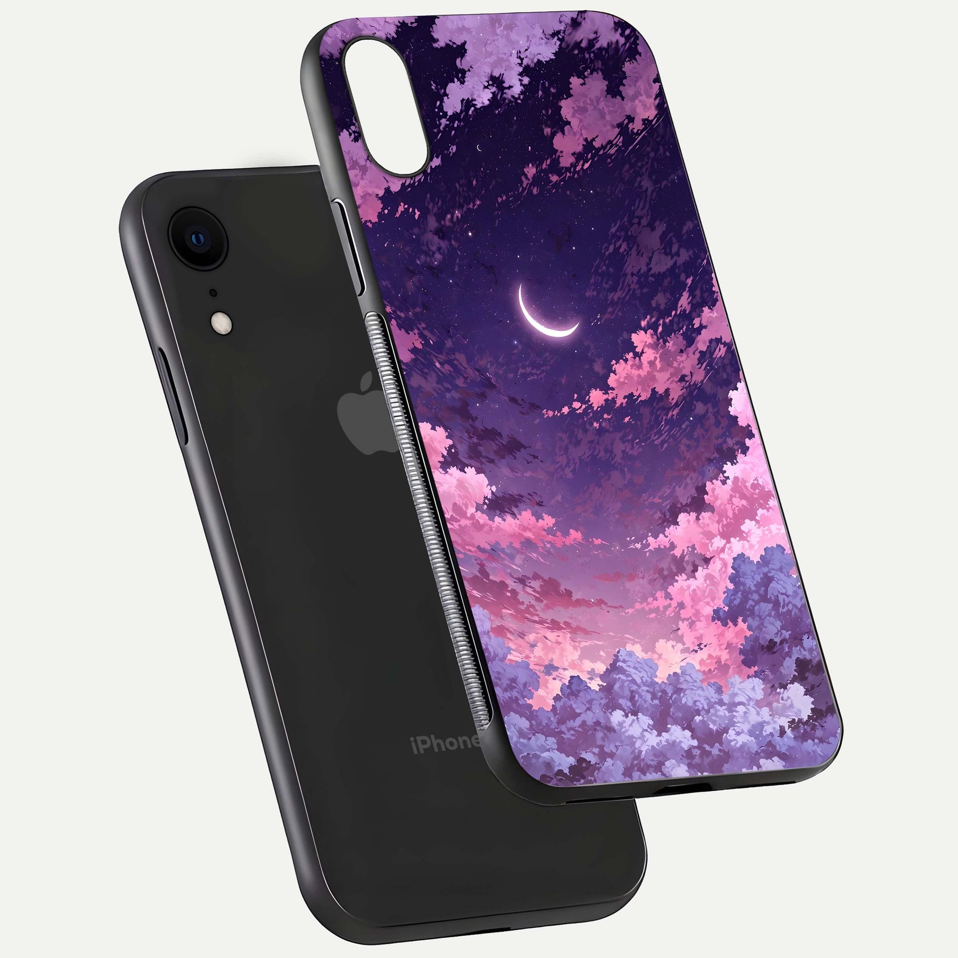 Sky Drift Clouds Glass Case for iPhone Xr floating dual-view mockup displaying gloss shine and depth