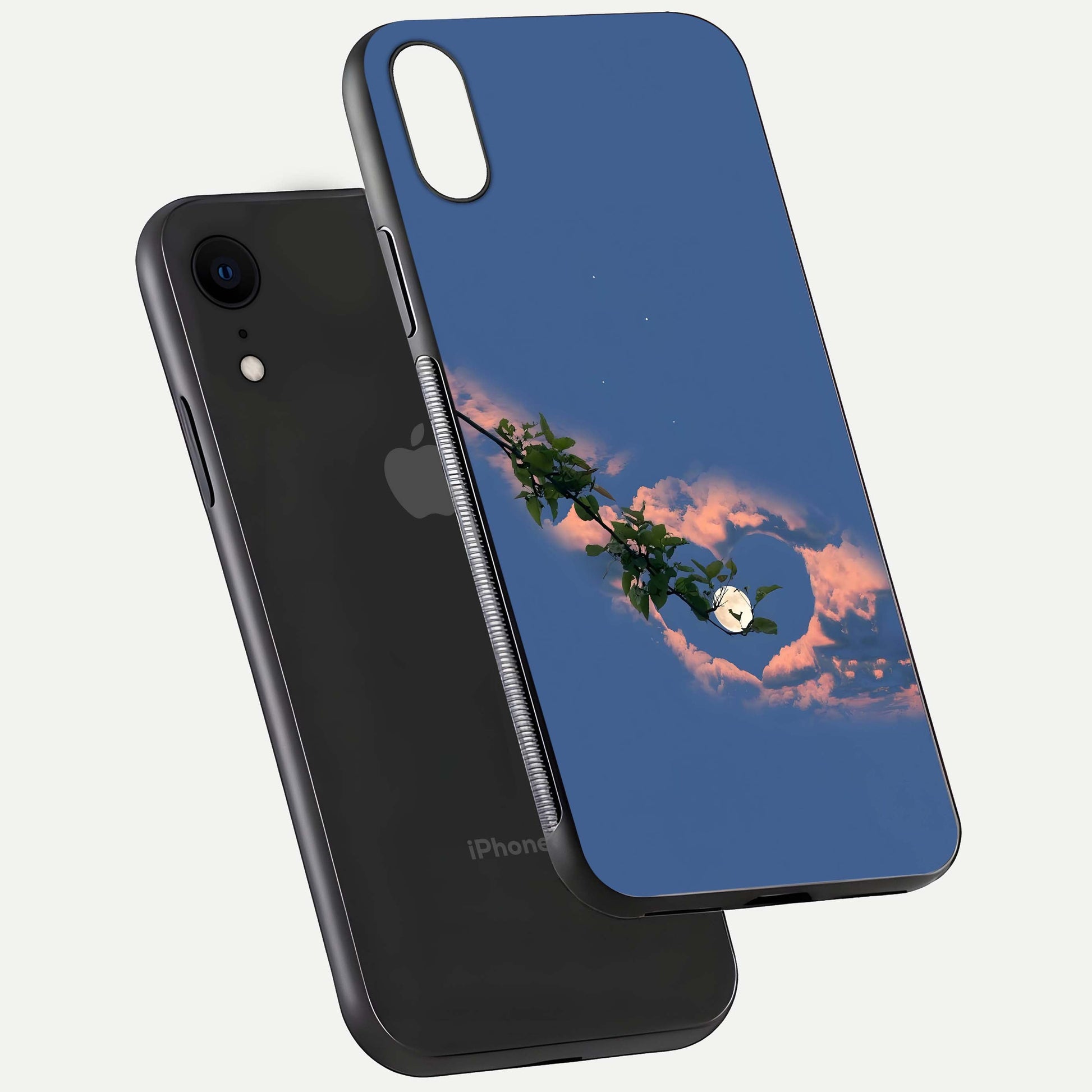Sky Under Tree Glass Case for iPhone Xr floating dual-view mockup displaying gloss reflection and landscape tone